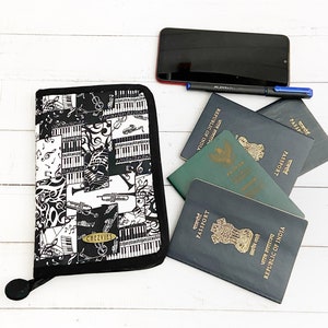 Black Zippered Passport Wallet with Multi Pocket and Cardholder, Travel Passport Holder, Piano Theme Wallet