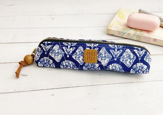 Quilted Slim Pencil Case in Indigo Block Print, Digital Pen Case, Zipper  Pencil Pouch, Office School Supplies 