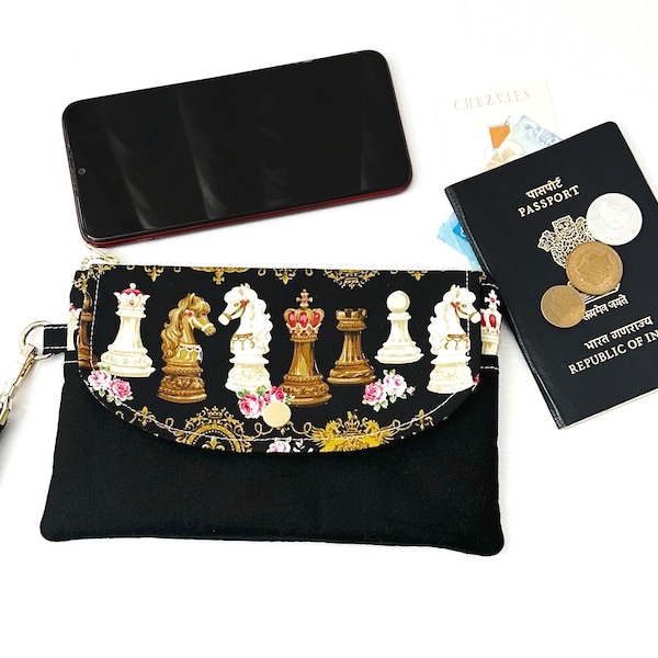 Chess Wristlet Wallet, Zippered Clutch, Cardholder Wallet, iPhone Pouch, Passport Bag, Chess Theme, Gift Under 30