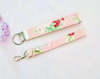 Handmade Fabric Keychain: Pink Vintage Floral Key Fob, Wrist Strap, Key Wristlet