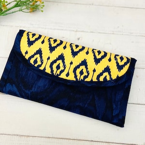 Portefeuille classique à trois volets bleu et jaune, portefeuille multi-titulaires, portefeuille pour téléphone, cadeau pour elle