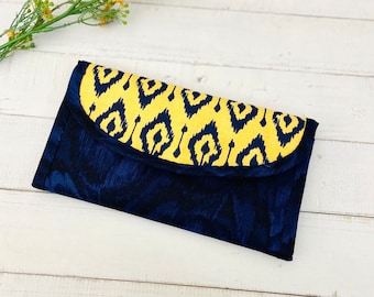 Denim Classic Trifold Wallet, Long Wallet,  Trifold Card Holder, Phone Wallet, Ikat Pattern