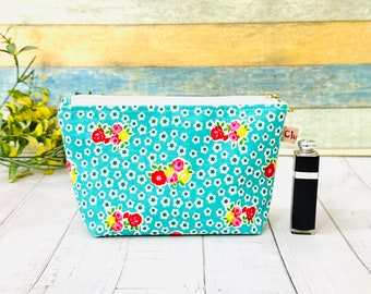 Min Green Floral Small Makeup Pouch, Cosmetics Bag, Travel  Bag, Toiletry Fabric Bag, Lined Zipper Pouch