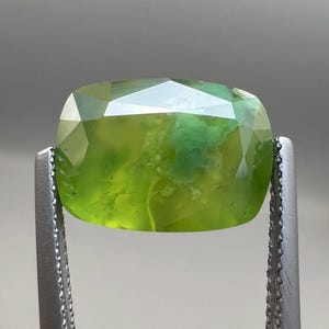 Pode incluir: Uma gema facetada, em forma oval, presa por pinças de metal. A gema verde translúcida apresenta inclusões internas. As facetas refletem a luz. É um peridoto.