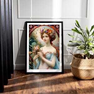 Art Nouveau Girl Print Wall Art Printable Download Classic Nouveau Floral Vintage Home Decor Gift Idea Colourful Poster 20th Century