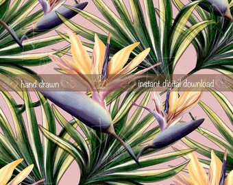 Patrón sin costuras de flores tropicales 300 DPI PNG dibujado a mano Descarga instantánea Papeles de superficie de tela digital Diseño de vinilo Archivo de patrón de papel tapiz