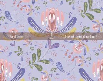 Patrón sin costuras de flores 300 DPI PNG dibujado a mano Descarga instantánea Papel tapiz de vinilo Diseño de superficie de tela digital Archivo de patrón