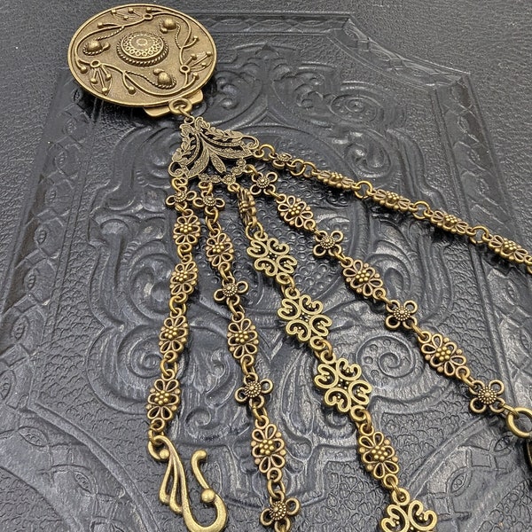 Bronze Pirate Style Chatelaine with Waist Clip  5 Shorter Chains and Hooks for Fiber Arts Tools