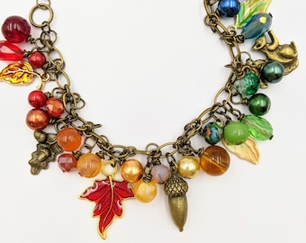 Adjustable Rainbow Nature Lover Charm Bracelet Leaves Squirrel Charm Autumn Fall