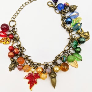 Adjustable Rainbow Nature Lover Charm Bracelet Leaves Squirrel Charm Autumn Fall