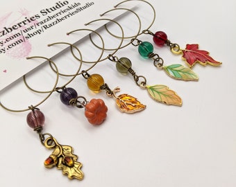 House Warming Gift Hostess Gift Glass Wine Charms Stemware Charms Yellow Corn Orange Leaf Green Apple Set of Six Fall Wine Charms