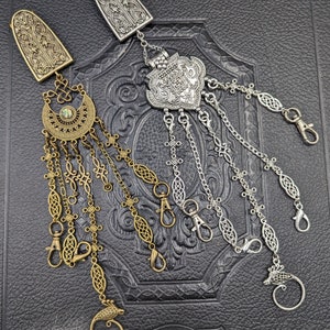 Bronze or Silver Medieval Themed Chatelaine with Waist Clip  5 Chains and Hooks for Fiber Arts Tools