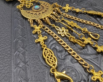 Gold Finish Medieval Themed Chatelaine with Waist Clip 7 Chains and Hooks for Fiber Arts Tools