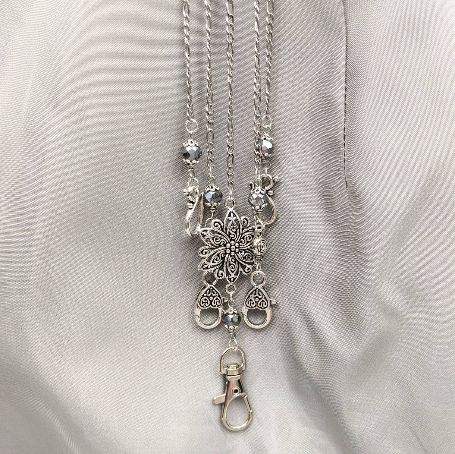 Round Floral Chatelaine with Waist Clip  5 Chains and Hooks for Fiber Arts