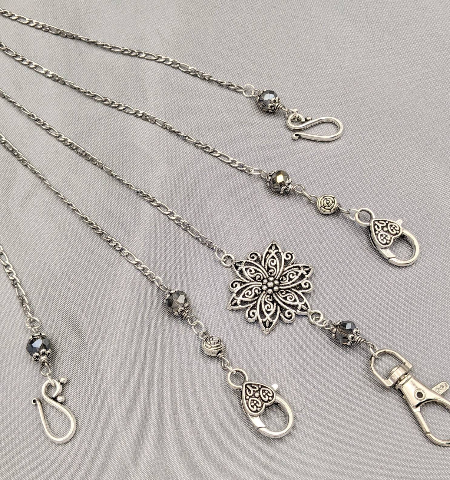 Round Floral Chatelaine with Waist Clip  5 Chains and Hooks for Fiber Arts