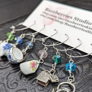Tea Party Wine Glass Charms Rings - Mini Tea Set Bridal Shower - Set of 6
