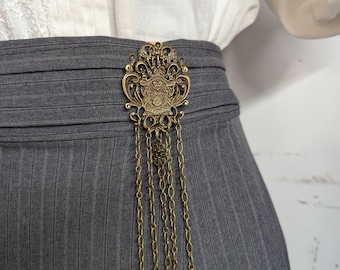 Bronze Victorian Crest Chatelaine with Waist Clip  5 Chains and Hooks for Fiber Arts Tools