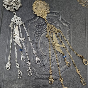 Bronze or Silver Chatelaine Victorian Swallow with Waist Clip  5 Chains and Hooks for Fiber Arts Tools