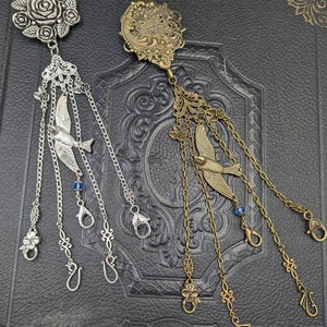 Bronze or Silver Chatelaine Victorian Swallow with Waist Clip  5 Chains and Hooks for Fiber Arts Tools