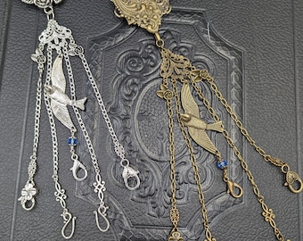 Hirondelle victorienne châtelaine en bronze ou argent avec clip de taille 5 chaînes et crochets pour outils d'arts plastiques