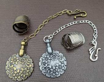 Chatelaine Tools- Metal Disk Thread Cutters on a Chain and Finger Protector Thimbles Silver, Rainbow, or Bronze