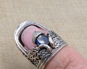 Silver Plated Thimble with Acorn Design and Blue Crystal One Size M