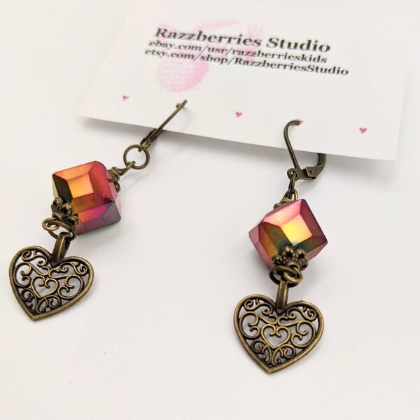 Fiery Crystal Cube Earrings with Bronze Filigree Hearts - Bronze Leverback