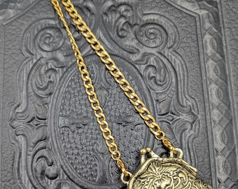 Gold Finish Mini Metal Purse Charm with Magnetic Closure - Needle Case, Small Item Container Chatelaine Accessory
