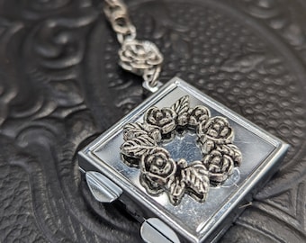 Chatelaine Tools - 1" Square Mirror Compact Vintage Roses Stainless Steel on a Chain with Clasp