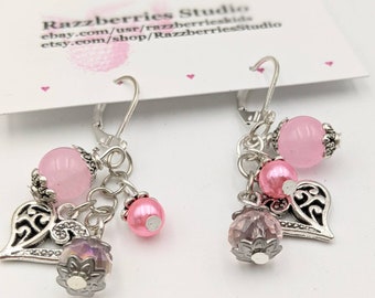 Silver Hearts Cluster Earrings Heart Charm and Crystal Beads 925 Silver Leverback