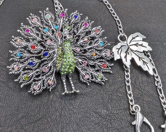 Chatelaine 3D Peacock Necklace Brooch Pin Combo with Removable Chains Silver and  Green