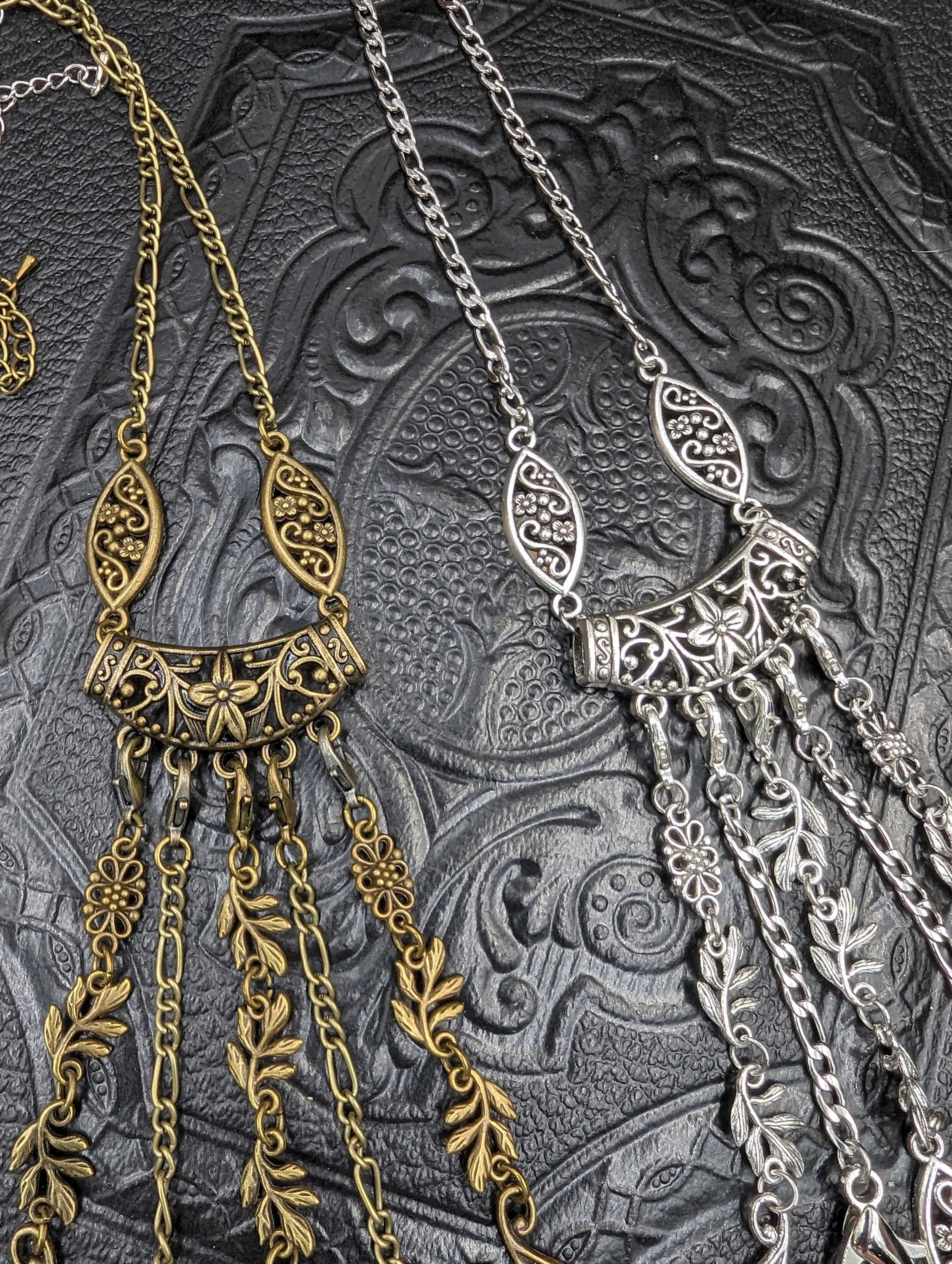 Bronze or Silver Victorian Chatelaine Necklace with  5 Chains and Hooks