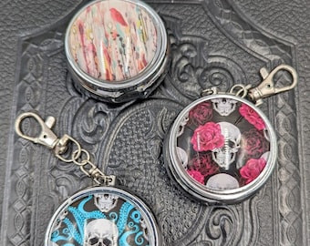 Chatelaine Tools - 2" Round Pill Box Stitch Marker Holder with Glass Cabochon Stainless Steel on a Chain with Hook 3 Options