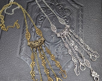 Bronze or Silver Victorian Chatelaine Necklace with  5 Chains and Hooks