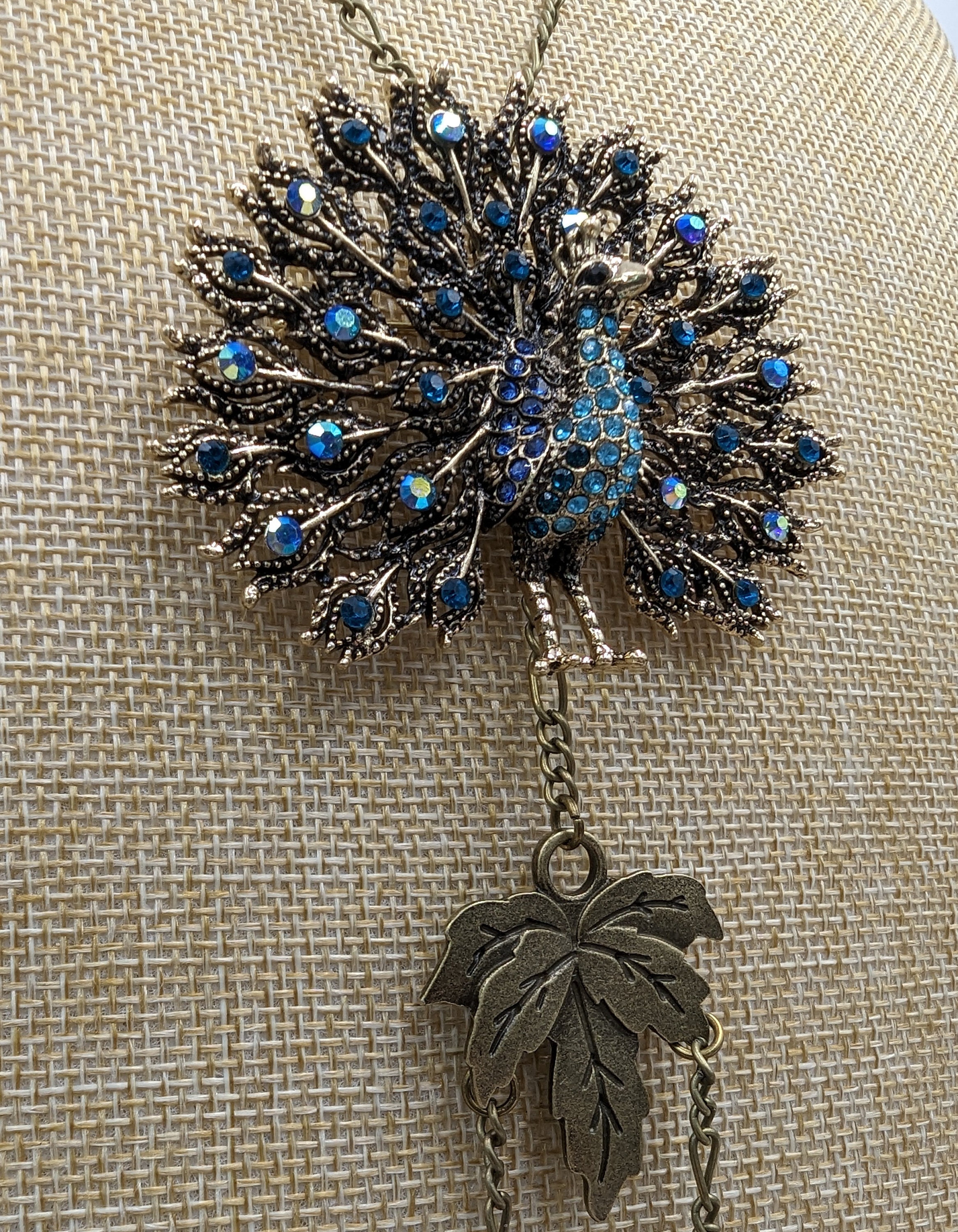 Chatelaine 3D Peacock Necklace Brooch Pin Combo with Removable Chains Bronze with Blue