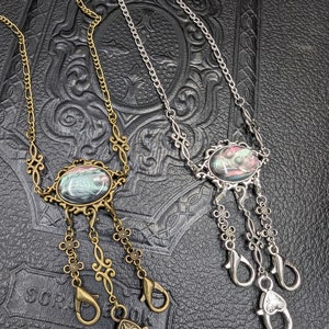 Collar Chatelaine victoriano con elección de 4 piedras preciosas: 3 cadenas y ganchos de bronce o plata