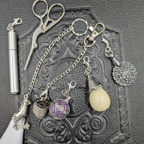 Chatelaine Tools - Gift Sets of 3,4, or 7 Victorian Needlework Tools Needle cases, Scissors, Thread Cutter, Thimble+