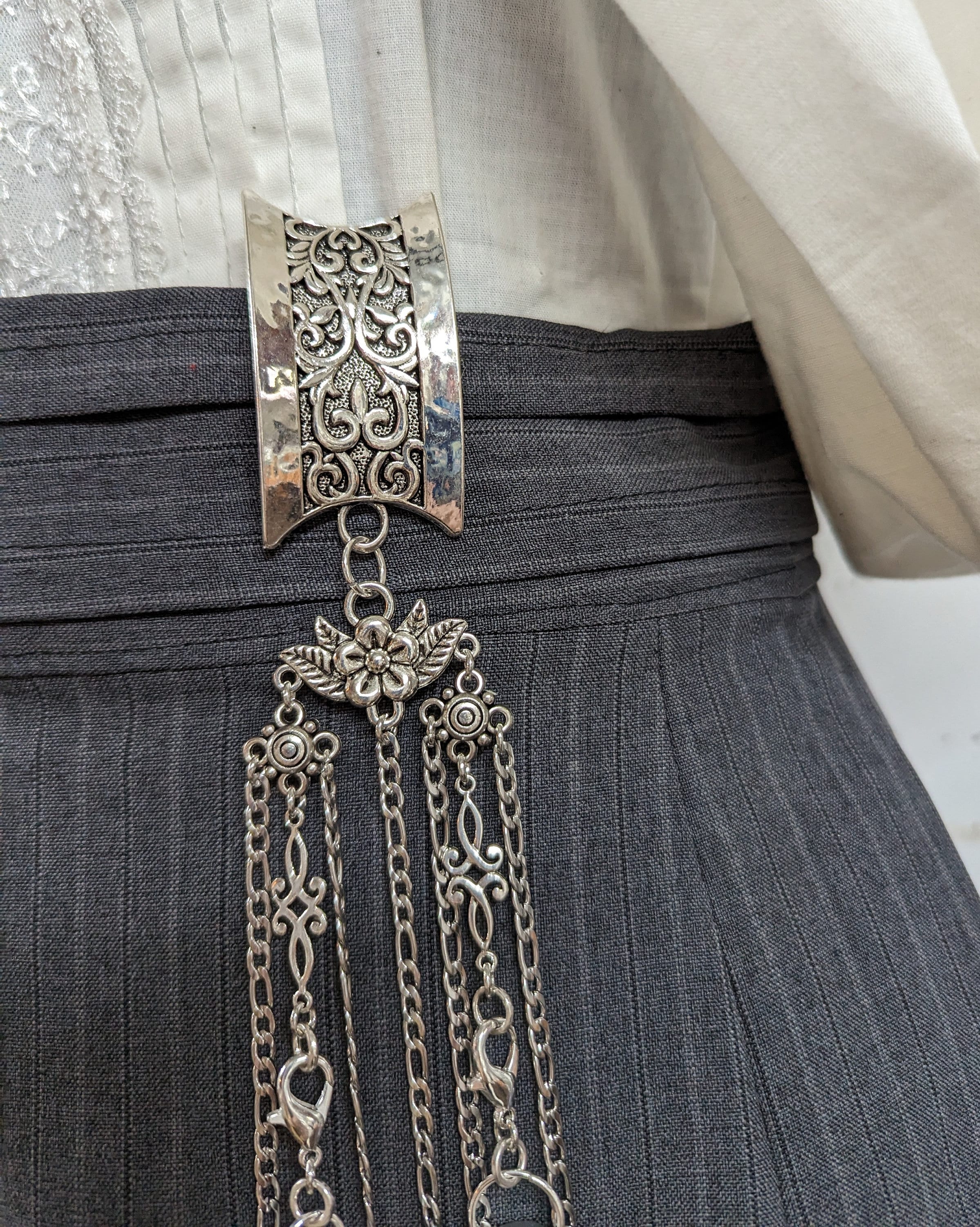 Victorian Style Chatelaine with Curved Clip - Short 8" Chains with Clasps
