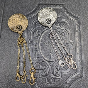 Bronze or Silver Short Pocket Chatelaine  with Waist Clip and 3 Chains and Hooks for Fiber Arts Tools