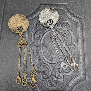 Châtelaine de poche courte en bronze ou argent avec clip de taille et 3 chaînes et crochets pour outils d'arts plastiques