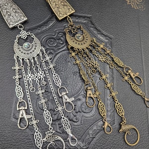 Bronze or Silver Medieval Themed Chatelaine with Waist Clip  5 Chains and Hooks for Fiber Arts Tools