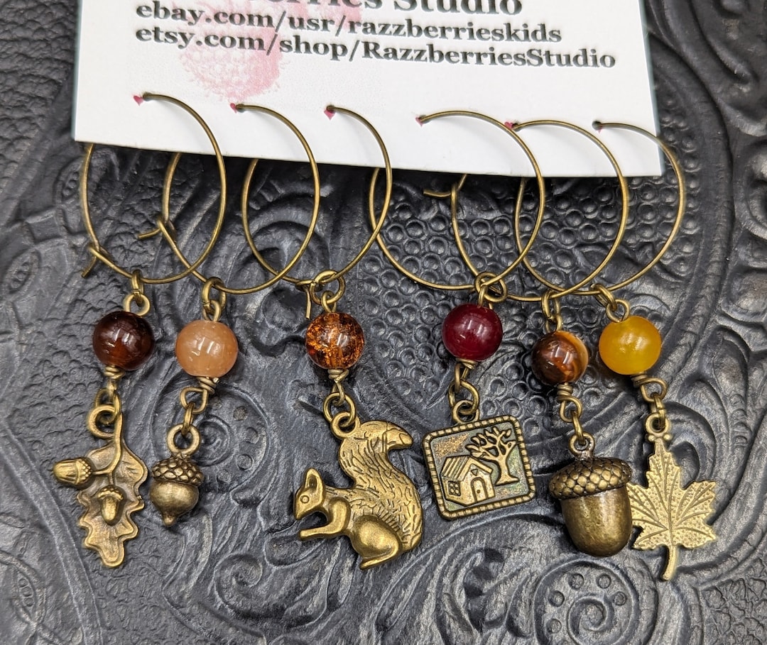 Fall Thanksgiving Wine Glass Charms Rings Bronze Acorns, Leaves