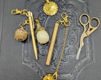 Chatelaine Tools - Gift Sets of 3,4, or 7 Gold Victorian Needlework Tools Needle case, Scissors, Thread Cutter, Thimble+