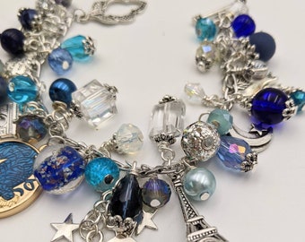 Paris Blues Charm Bracelet Stars Eiffel Tower Crystal & Glass Beads