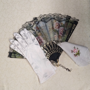 Accesorios de la Edad Dorada Abanico Guantes Pañuelo Conjunto Disfraz Chatelaine