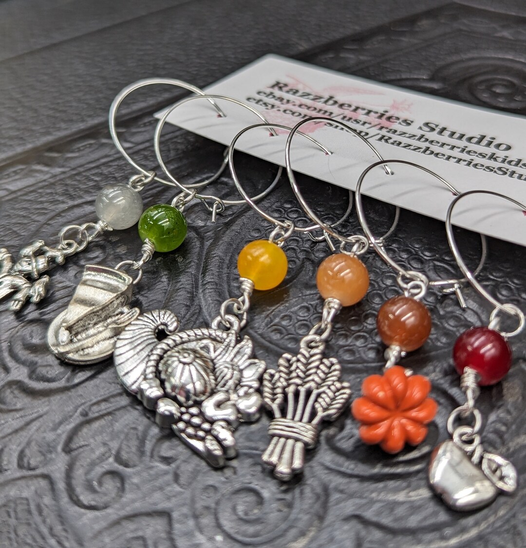 Fall Thanksgiving Wine Glass Charms Rings Wheat, Scarecrow, Pie