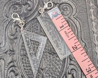 Chatelaine Charms  - Just for Fun Cute Acrylic Mini Ruler and Triangle Set on Chains with Clips