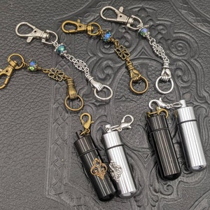 Chatelaine Tools - 2" Pill Box Stainless Steel on a Chain with Hook - Filigree or Plain - Silver or Black Smelling Salts