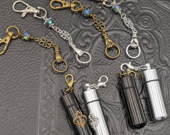 Chatelaine Tools - 2" Pill Box Stainless Steel on a Chain with Hook - Filigree or Plain - Silver or Black Smelling Salts