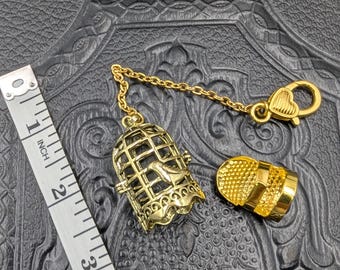 Gold Finish Bird Cage Thimble Holder with Thimble Chatelaine Accessory